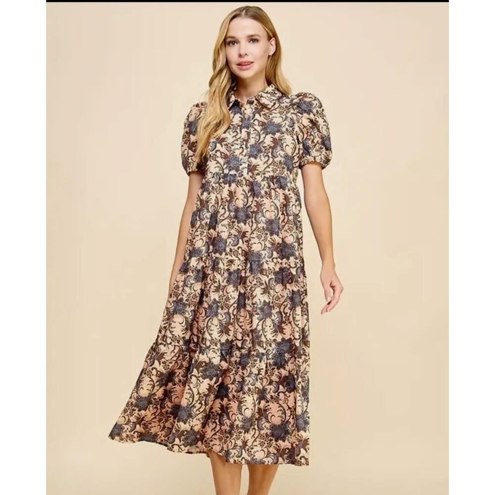 TCEC boutique Tiered Midi Floral Puff Sleeve Collared Dress Size L